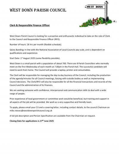 Clerk & Responsible Finance Officer Wanted